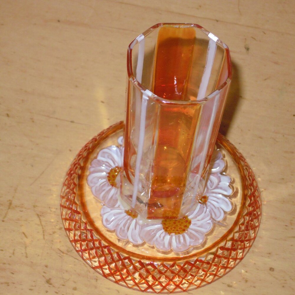 Vintage Art Glass Vase or Candle Holder Orange White Daisy Flower Floral Painted